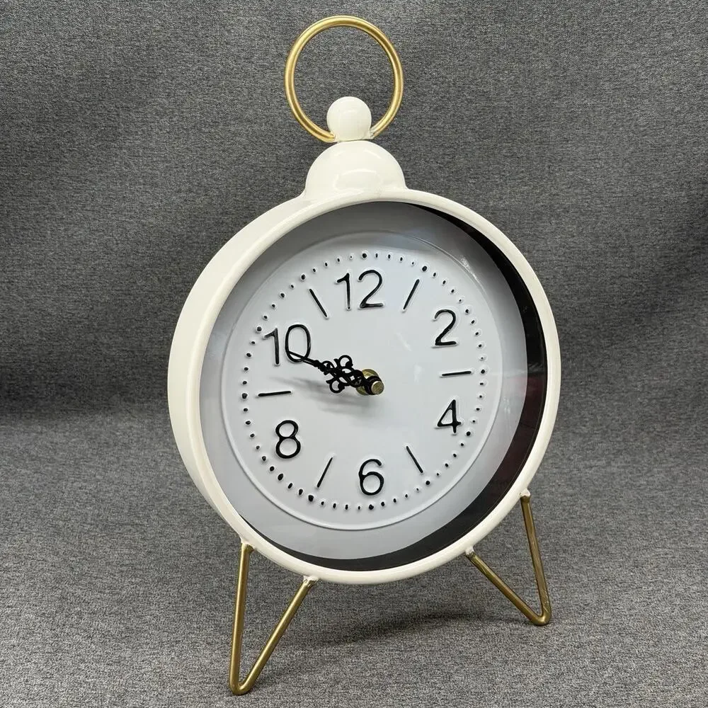 White Metal Clock Gold Accents Round Desktop Shelf Mantel Decor Battery Operated